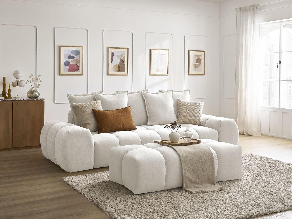 Bobochic Everest Sofa 3-Sitzer mit Pouf, 5 Kissen Strukturstoff Weiß