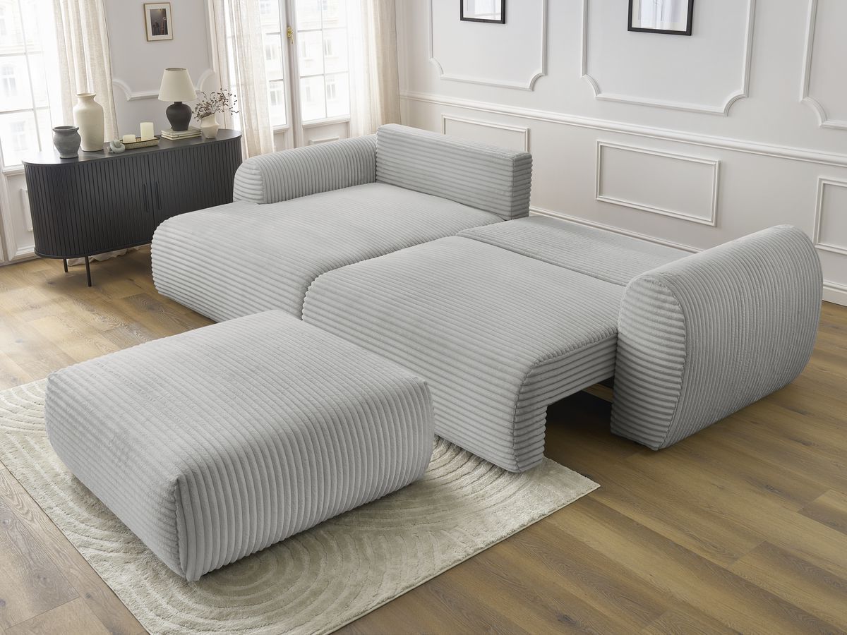 Bobochic Lucien Ecksofa mit Schlaffunktion und Bettkasten und Pouf 314 × 167 cm Breitcord weich Hellgrau Ecke links