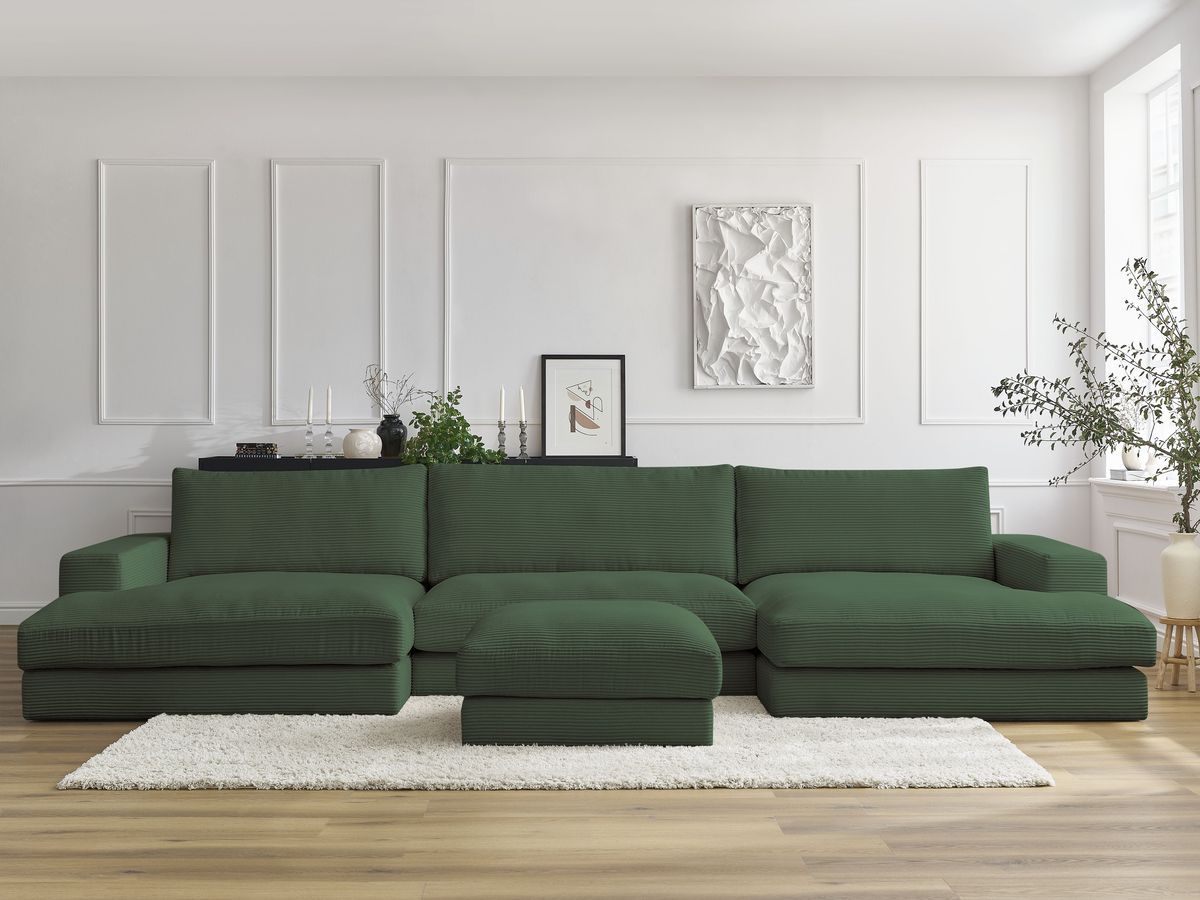 Bobochic Leonard Wohnlandschaft mit Pouf 349 × 159 cm Cordsamt Dunkelgrün