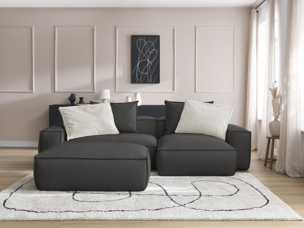 Bobochic Boheme Ecksofa mit Pouf Kunstleder Schwarz