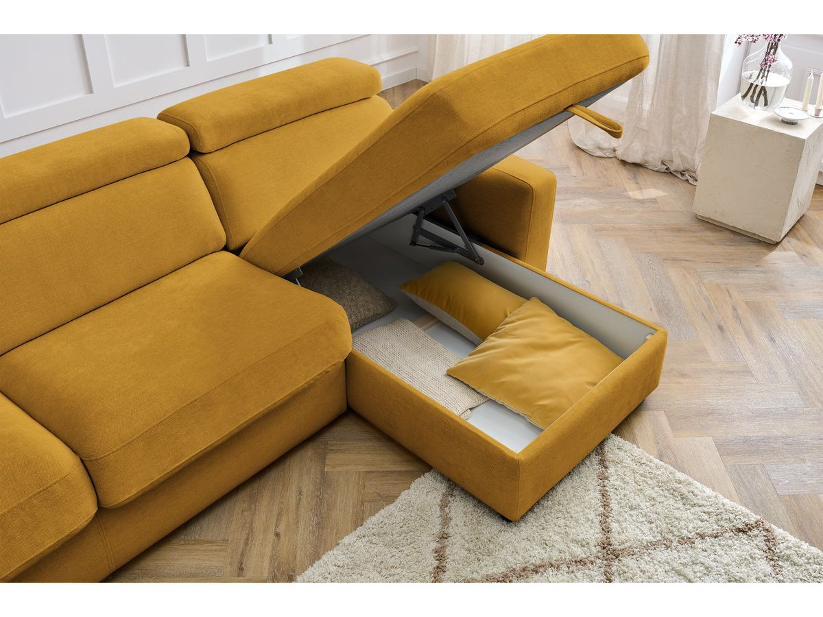 Bobochic Monaco Ecksofa mit Schlaffunktion und Bettkasten Stoff Gelb, Liegefläche 140 × 190 cm