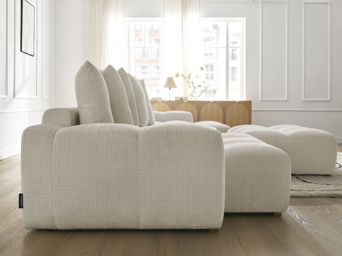 Bobochic Anakin Wohnlandschaft mit Pouf, Liegefläche 137 × 382 cm, 10 Kissen Strukturstoff Beige
