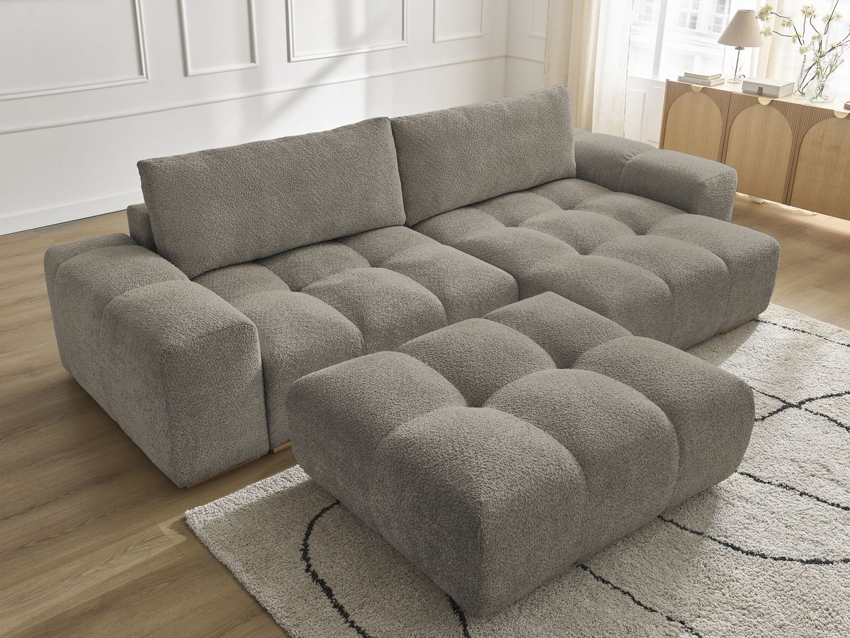 Bobochic Anakin Ecksofa mit Pouf, 2 Kissen Bouclé-Stoff Taupe