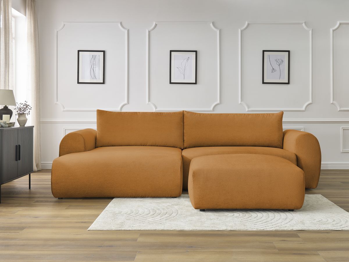 Bobochic Lucien Ecksofa mit Schlaffunktion und Bettkasten und Pouf 314 × 167 cm Stoff Gelb Ecke links