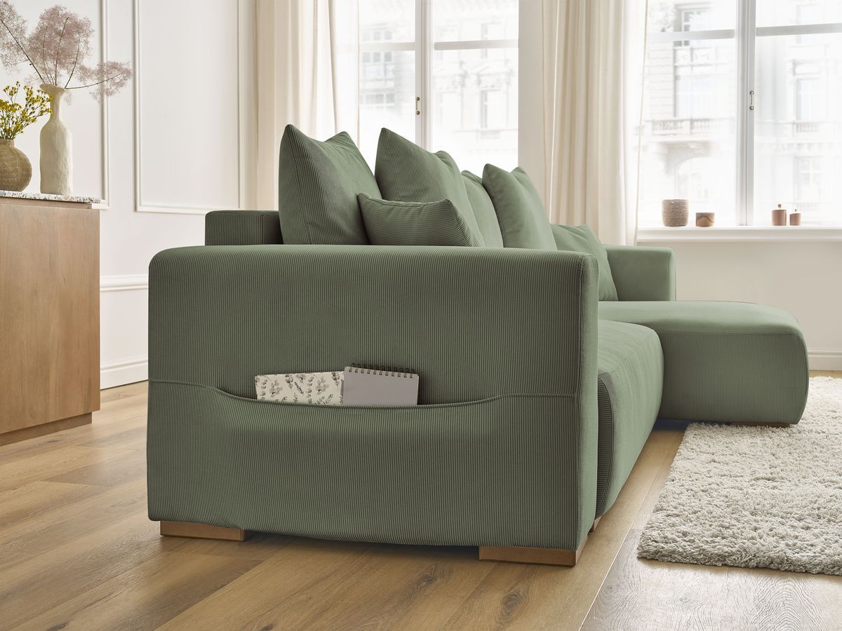 Bobochic Sidonie Ecksofa mit Schlaffunktion und Bettkasten Cordsamt Grün