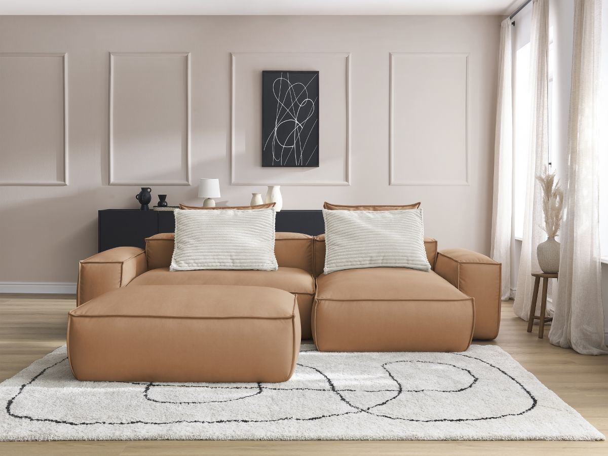 Bobochic Boheme Ecksofa mit Pouf Kunstleder Hellbraun