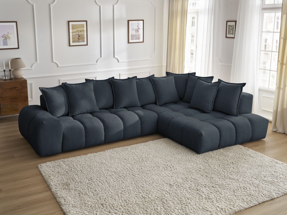Bobochic Everest Ecksofa, 10 Kissen Strukturstoff Dunkelblau Ecke rechts
