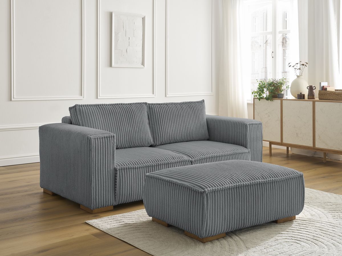 Bobochic Chelsea Sofa 3-Sitzer mit Pouf Breitcord weich Dunkelgrau