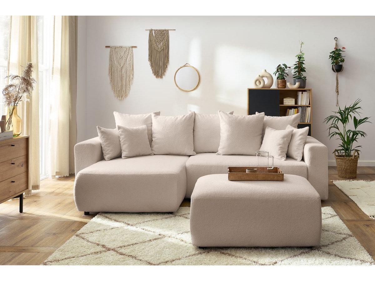 Bobochic Envy Ecksofa mit Schlaffunktion und Bettkasten und rechteckigem Pouf Bouclé-Stoff Beige