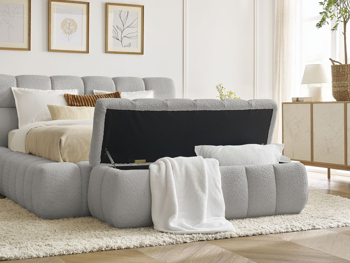 Bobochic Mont-blanc Polsterbett mit Bettkasten mit Bettbank Bouclé-Stoff Hellgrau, Liegefläche 180 × 200 cm