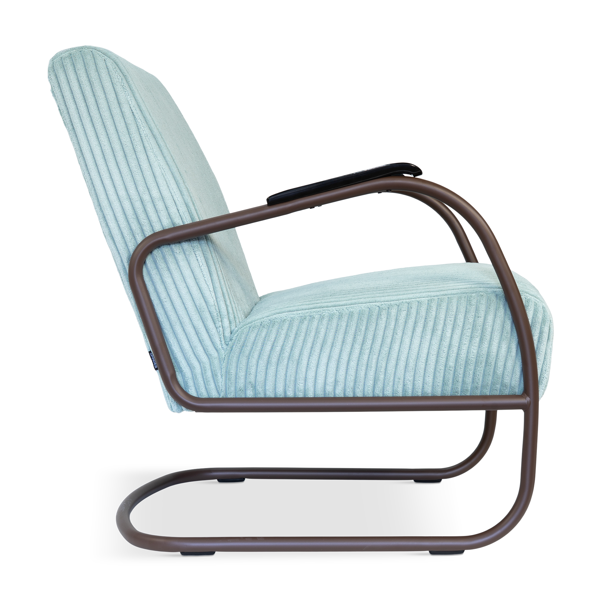 Spinder Design Retro Sessel Chocolate Brown / Hazy Blue breiter Cord – Seitenansicht, freigestellt