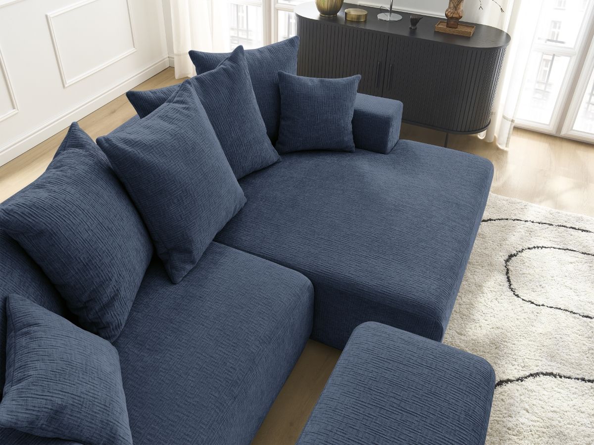 Bobochic Atilla Ecksofa mit Schlaffunktion und Bettkasten und Pouf Strukturstoff Dunkelblau Ecke rechts