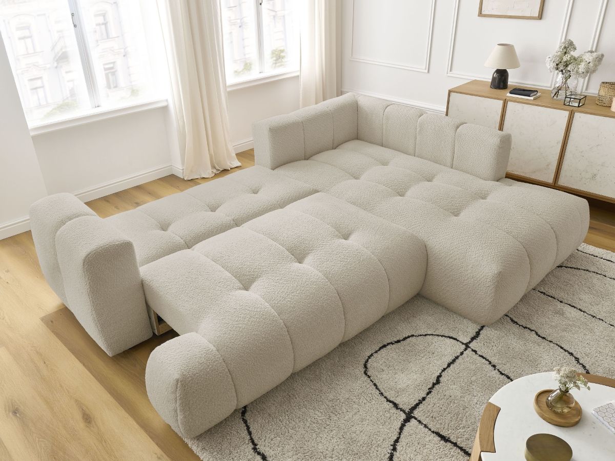 Bobochic Fuji Ecksofa mit Schlaffunktion und Bettkasten 282 × 204 cm Bouclé-Stoff Beige Ecke rechts