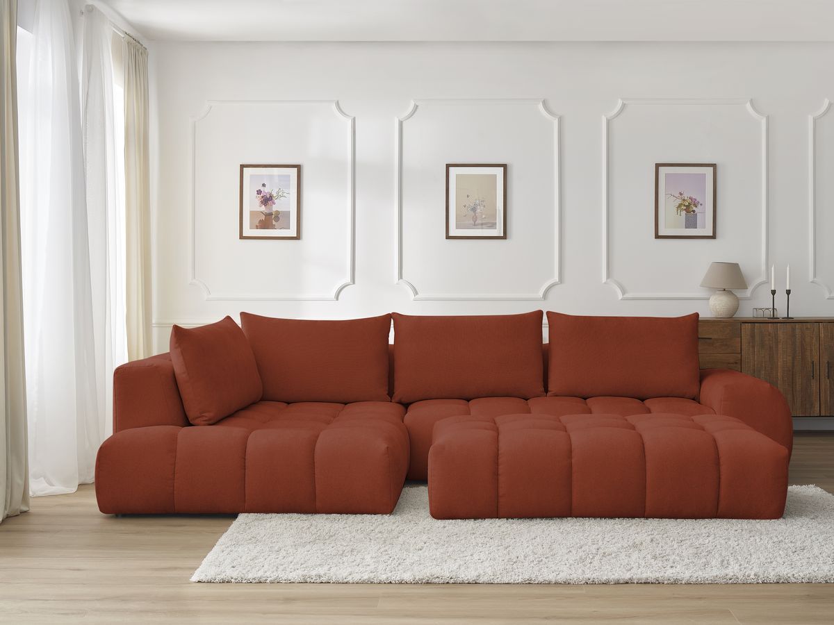 Bobochic Everest Ecksofa mit Schlaffunktion und Pouf, 4 Kissen Strukturstoff Orange Ecke links