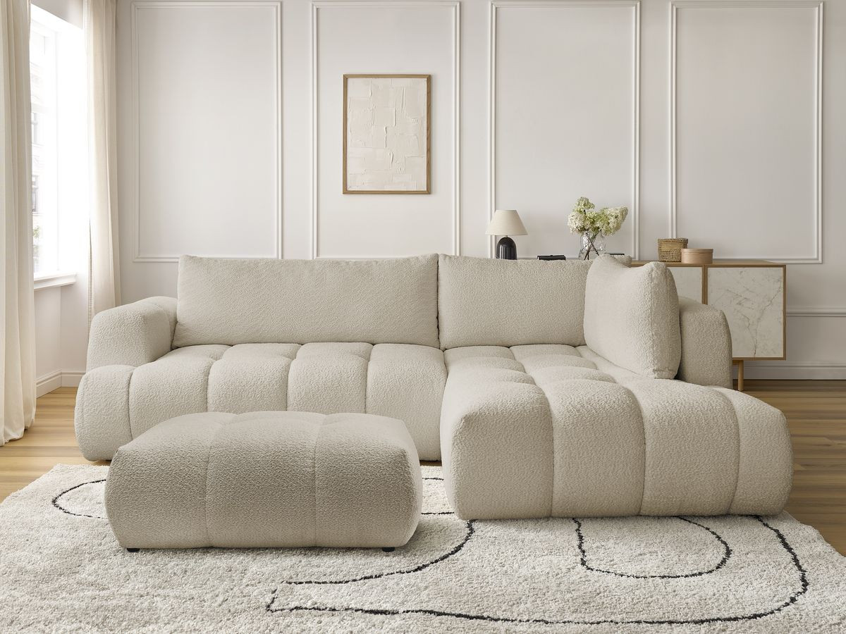 Bobochic Fuji Ecksofa mit Schlaffunktion und Bettkasten und Pouf 282 × 204 cm Bouclé-Stoff Beige Ecke rechts