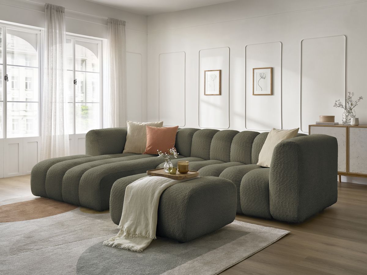 Bobochic Talia Ecksofa mit Pouf Bouclé-Stoff Grün Ecke links