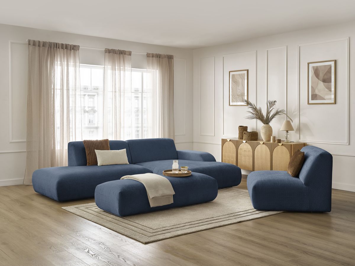 Bobochic Sirius Ecksofa mit Pouf 405 × 170 cm Strukturstoff Dunkelblau Ecke rechts