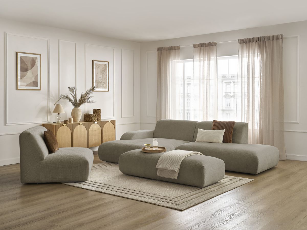 Bobochic Sirius Ecksofa mit Pouf 405 × 170 cm Strukturstoff Taupe Ecke links
