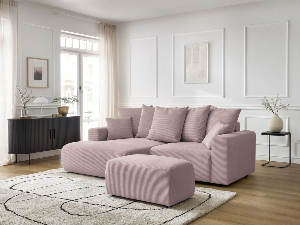 Bobochic Atilla Ecksofa mit Schlaffunktion und Bettkasten und Pouf Cordsamt Violett Ecke links