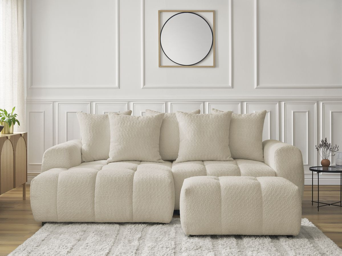 Bobochic Roxelane Ecksofa mit Schlaffunktion und Bettkasten und Pouf 258 × 150 cm Bouclé-Stoff Beige Ecke links