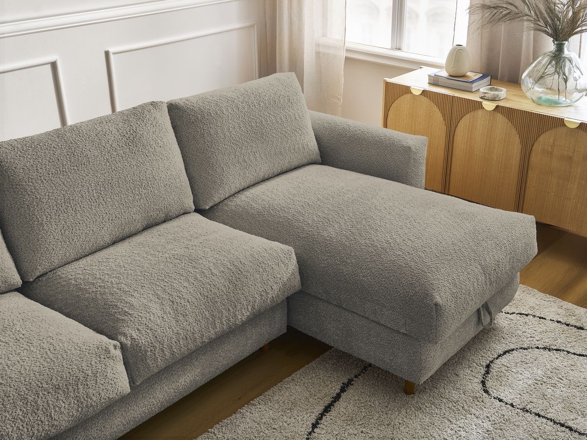Bobochic Cocoone Ecksofa mit Schlaffunktion und Bettkasten Bouclé-Stoff Taupe, Liegefläche 140 × 200 cm