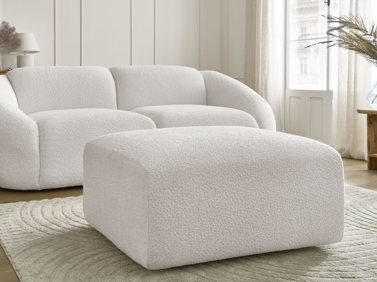 Bobochic Tina Sofa 3-Sitzer mit Pouf Bouclé-Stoff Weiß