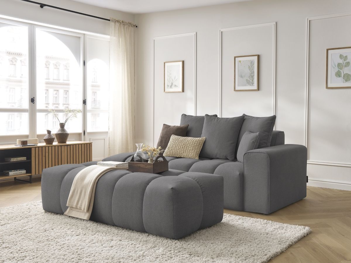Bobochic Mont-blanc Sofa 5-Sitzer mit Pouf Melange-Stoff Dunkelgrau Armlehne rechts