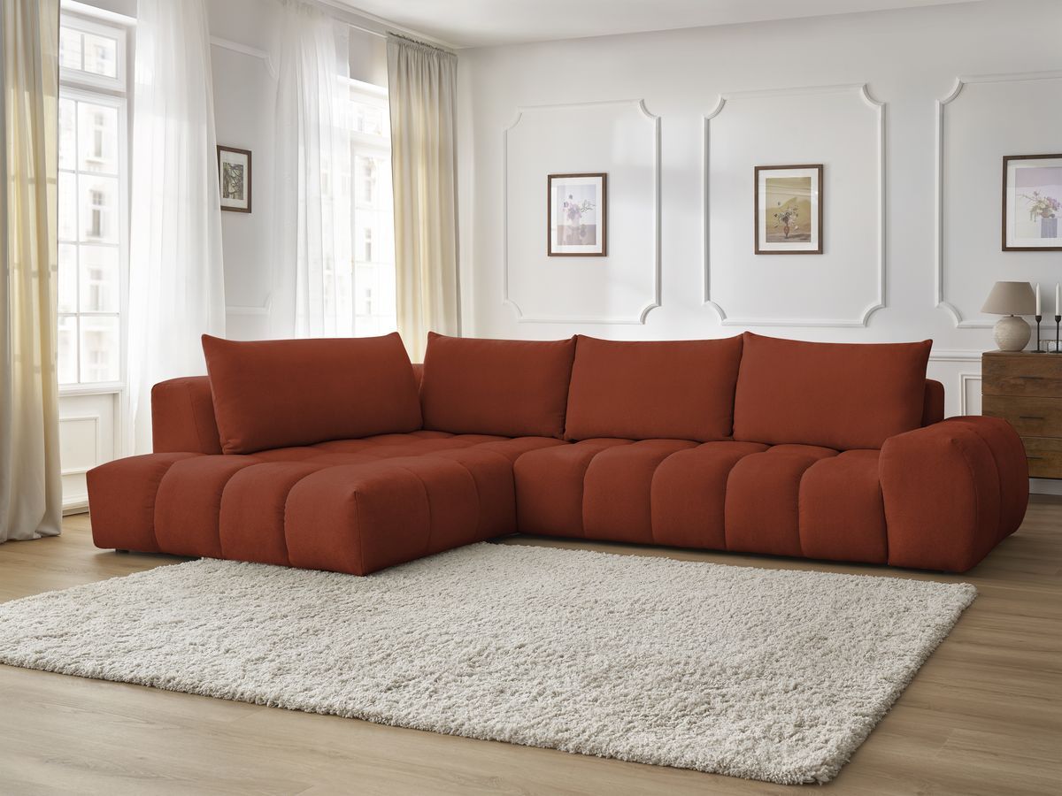 Bobochic Everest Ecksofa, 4 Kissen Strukturstoff Orange Ecke links
