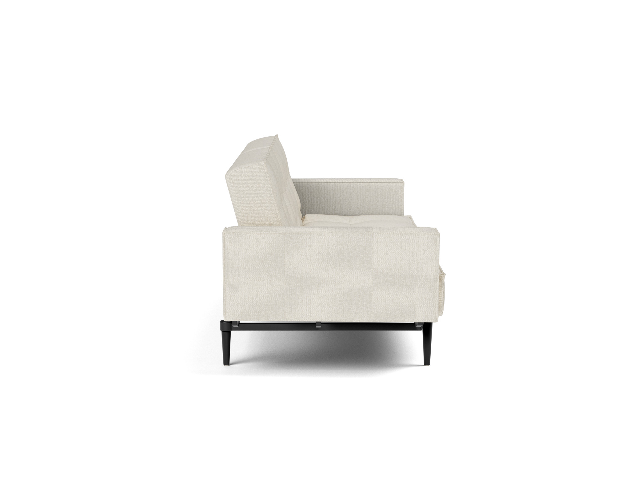Schlafsofa Splitback mit Armlehnen Boucle Skandi 531-Off-White Beine Styletto Eiche schwarz