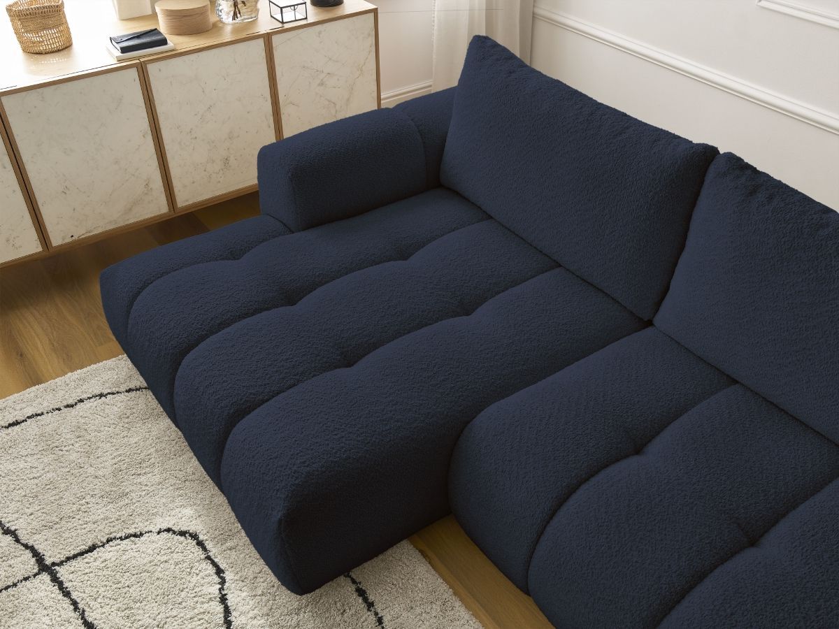 Bobochic Fuji Ecksofa mit Schlaffunktion und Bettkasten 292 × 160 cm Bouclé-Stoff Dunkelblau Ecke links