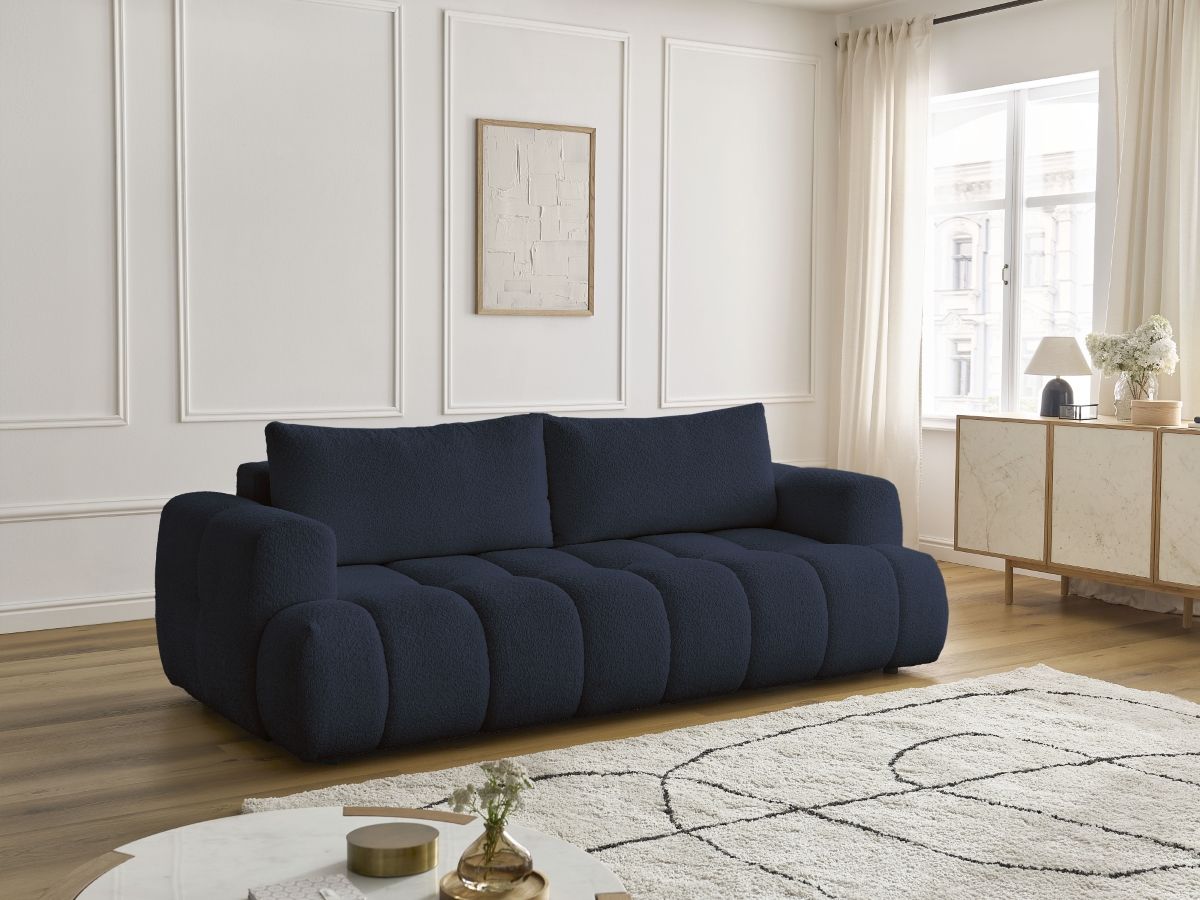 Bobochic Fuji Schlafsofa 3-Sitzer mit Bettkasten Bouclé-Stoff Dunkelblau
