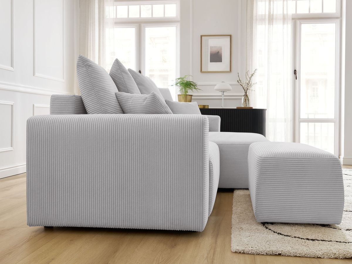 Bobochic Atilla Ecksofa mit Schlaffunktion und Bettkasten und Pouf Cordsamt Hellgrau Ecke rechts