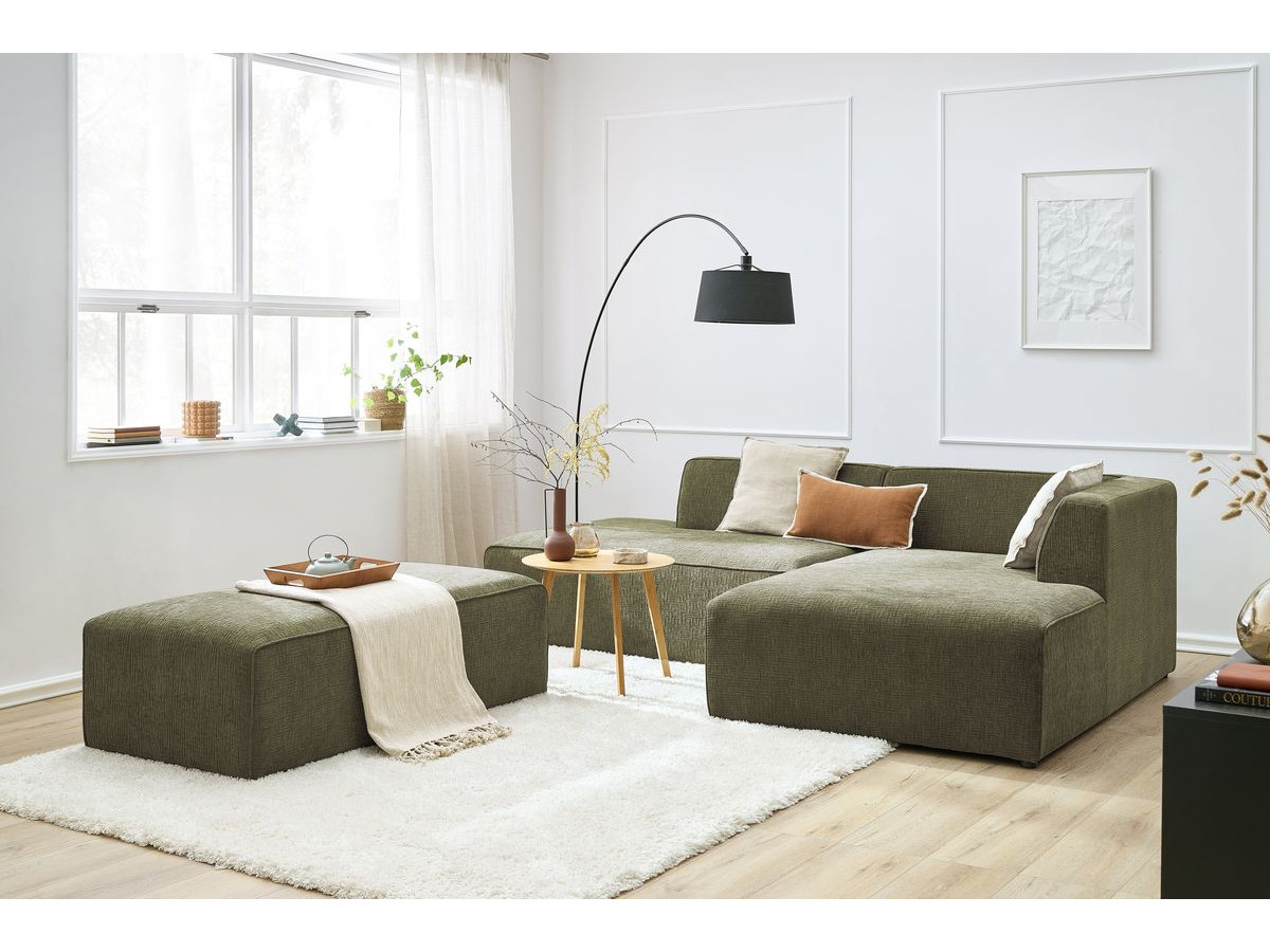 Bobochic Megeve Ecksofa mit Schlaffunktion und Pouf Strukturstoff Grün Ecke rechts