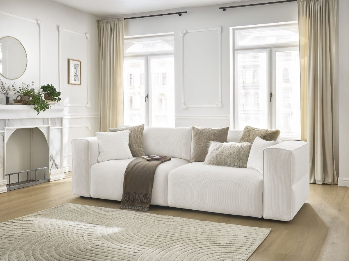 Bobochic Ezechiel Schlafsofa 3-Sitzer mit Bettkasten Melange-Stoff Weiß