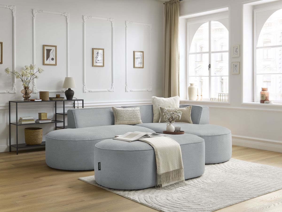 Bobochic Rousseau Ecksofa mit Pouf Cordsamt Hellgrau Ecke rechts