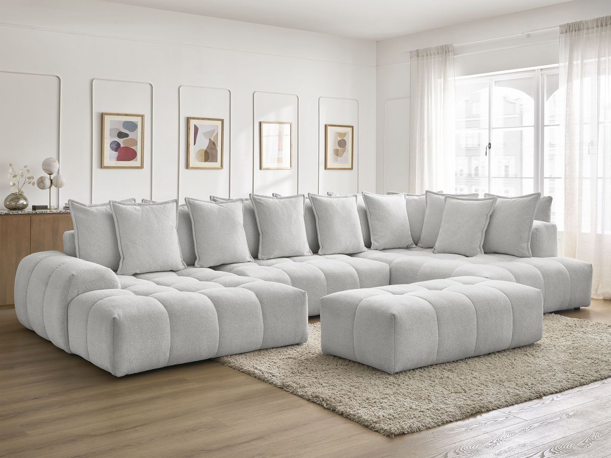 Bobochic Everest Wohnlandschaft mit Pouf, 14 Kissen Melange-Stoff Hellgrau Ecke links