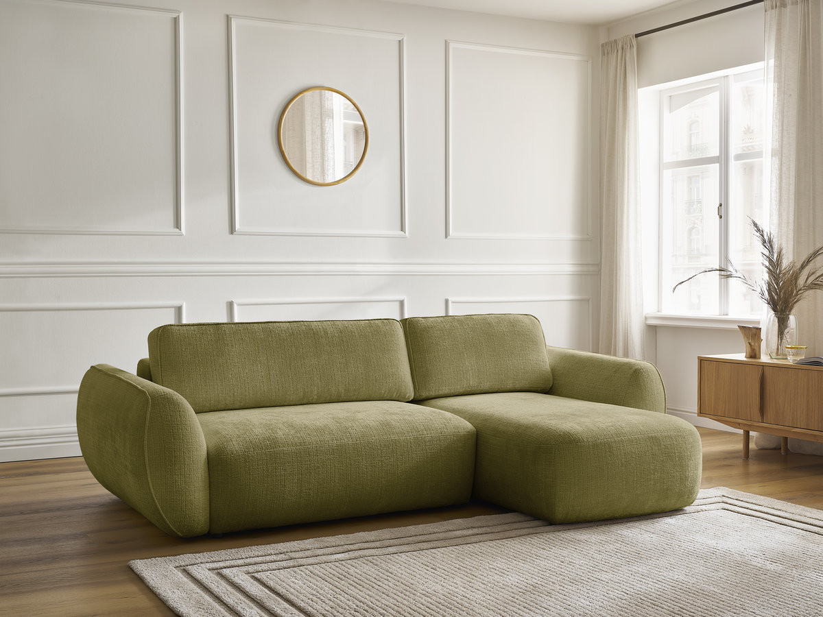 Bobochic Denise Ecksofa mit Schlaffunktion und Bettkasten 258 × 160 cm Strukturstoff Grün Ecke rechts