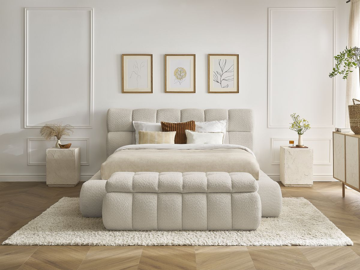 Bobochic Mont-blanc Polsterbett mit Bettkasten mit Bettbank Bouclé-Stoff Beige, Liegefläche 140 × 190 cm