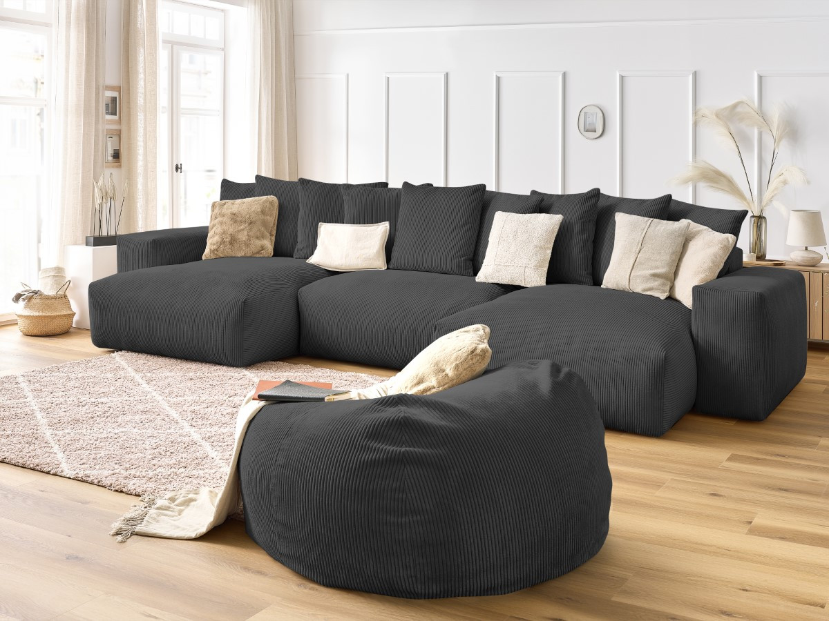 Bobochic Voltaire Wohnlandschaft mit Pouf 420 × 174 cm Cordsamt Dunkelgrau