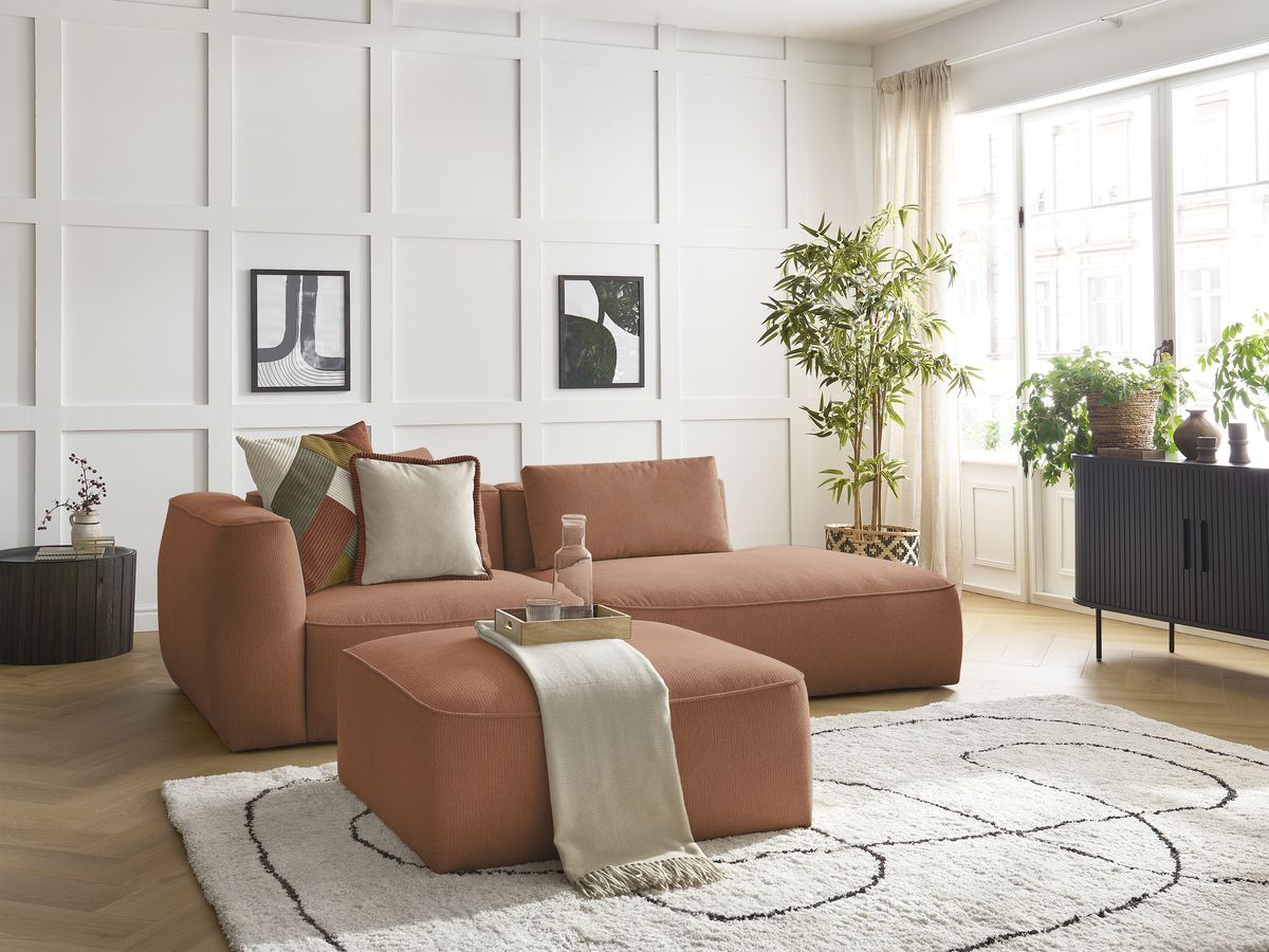 Bobochic Leopold Sofa 4-Sitzer mit Pouf Melange-Stoff Orange Armlehne links