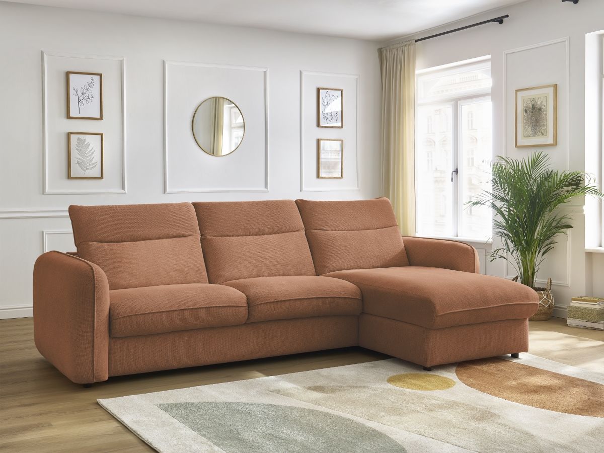 Bobochic Achille Ecksofa mit Schlaffunktion und Bettkasten Melange-Stoff Orange, Liegefläche 140 × 200 cm