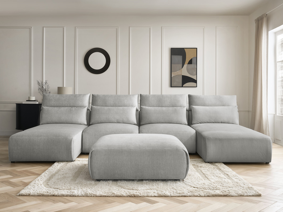 Bobochic Jana Wohnlandschaft mit großem Pouf Samt Hellgrau