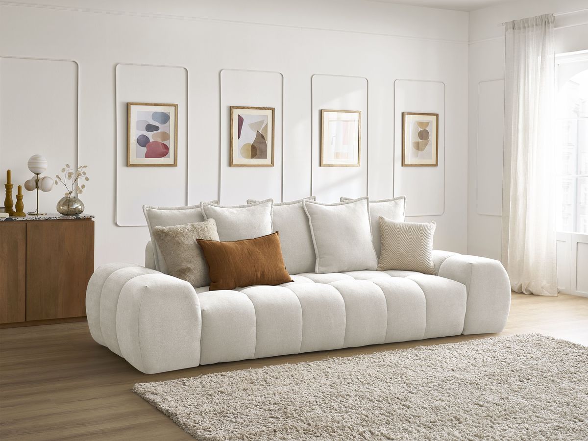 Bobochic Everest Schlafsofa 3-Sitzer mit Bettkasten, 5 Kissen Strukturstoff Weiß
