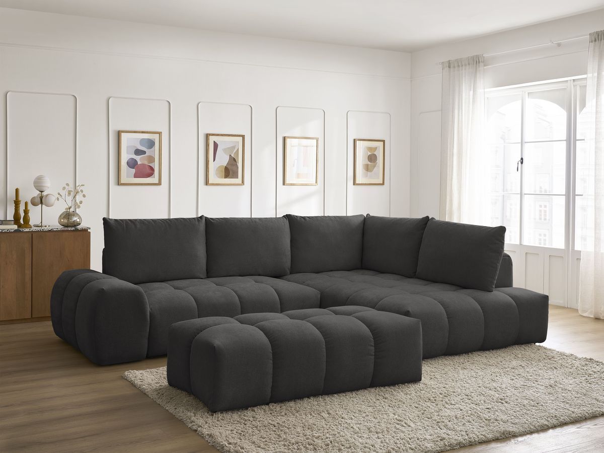 Bobochic Everest Ecksofa mit Schlaffunktion und Bettkasten und Pouf 320 × 212 cm, 5 Kissen Strukturstoff Schwarz Ecke rechts