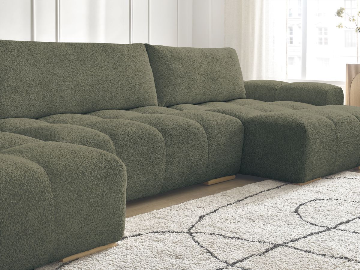 Bobochic Anakin Wohnlandschaft, Liegefläche 137 × 382 cm, 3 Kissen Bouclé-Stoff Grün