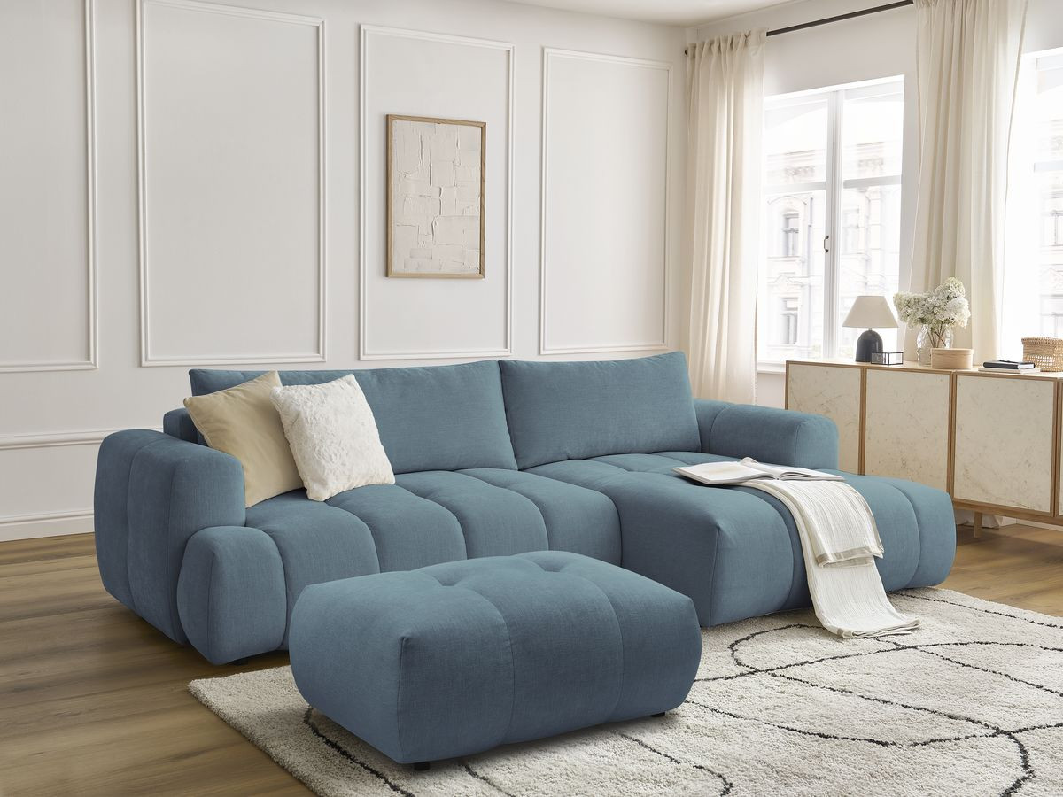 Bobochic Fuji Ecksofa mit Schlaffunktion und Bettkasten und Pouf 292 × 160 cm Stoff Hellblau Ecke rechts