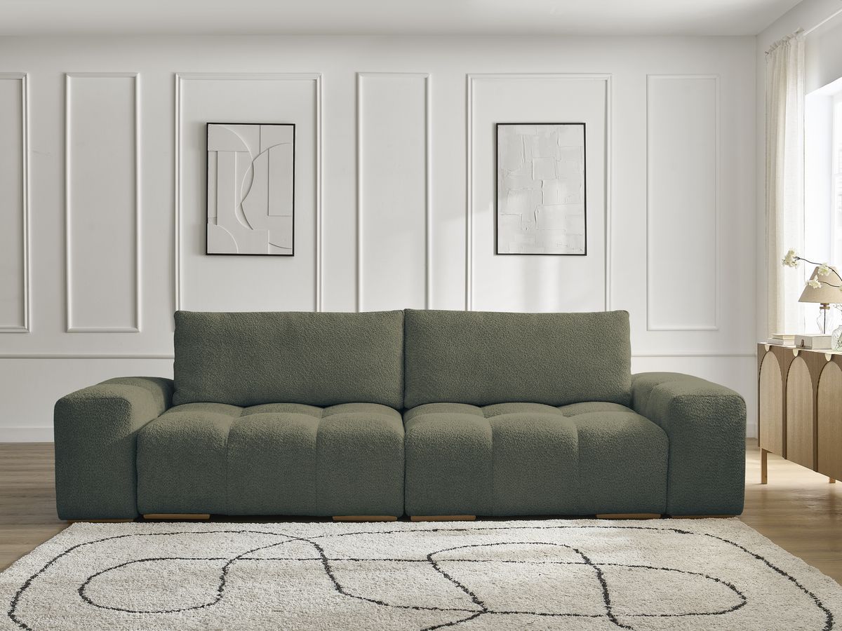 Bobochic Anakin Schlafsofa 3-Sitzer mit Bettkasten, 2 Kissen Bouclé-Stoff Grün