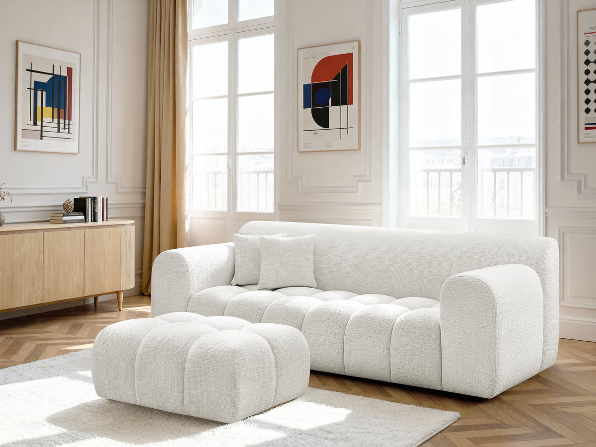 Bobochic Melisse Sofa 3-Sitzer mit Pouf Strukturstoff Weiß