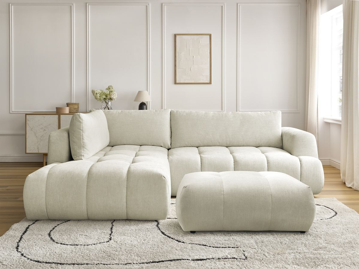 Bobochic Fuji Ecksofa mit Schlaffunktion und Bettkasten und Pouf 282 × 204 cm Stoff Beige Ecke links