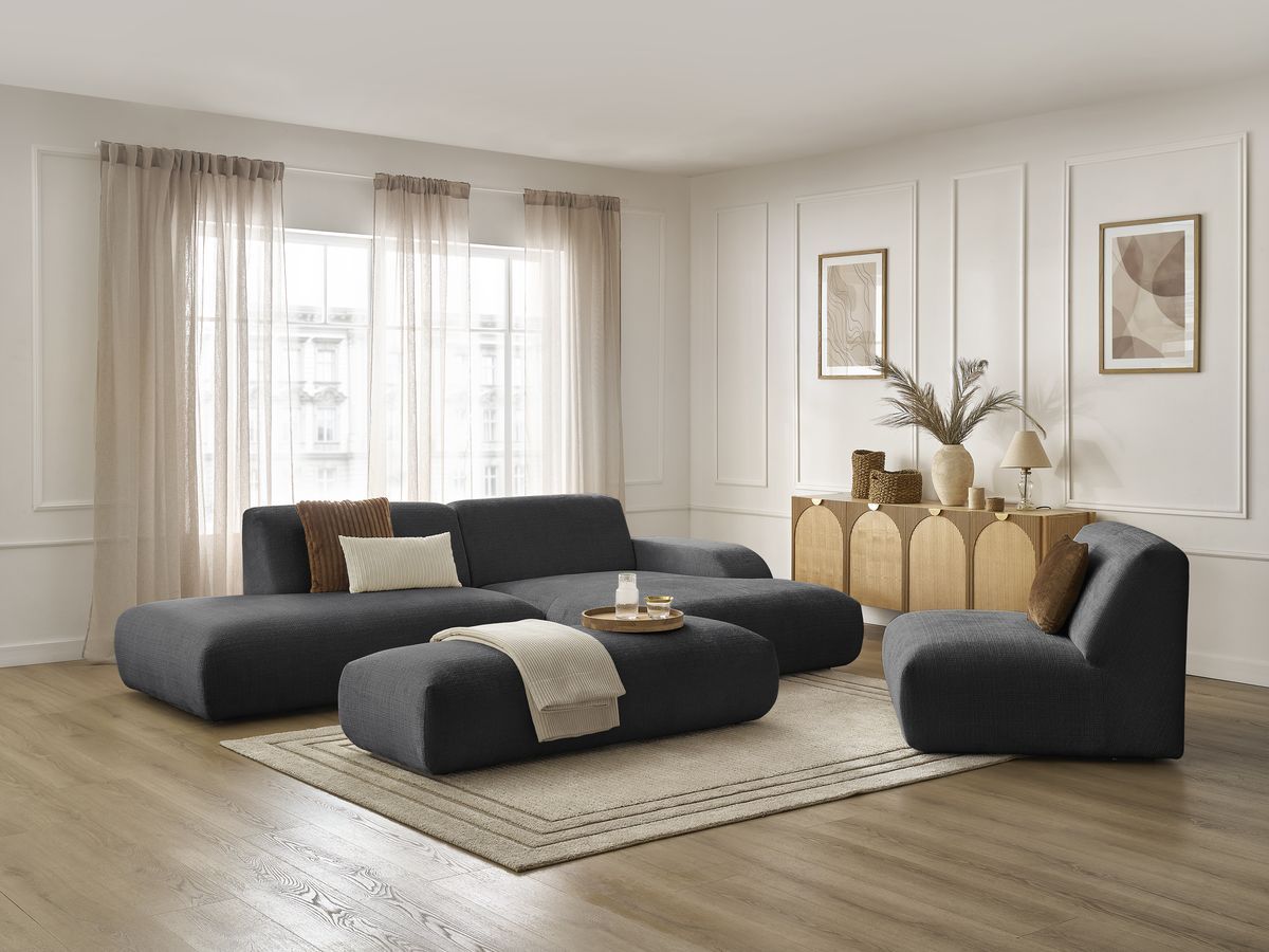 Bobochic Sirius Ecksofa mit Pouf 405 × 170 cm Strukturstoff Schwarz Ecke rechts